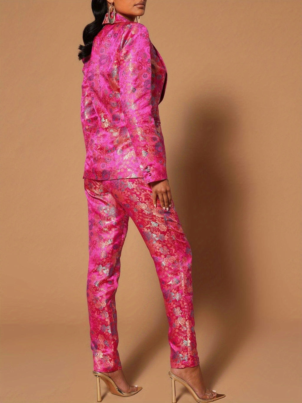 Floral Jacquard Suit Set Women Long Sleeve Satin Blazer and Straight Leg Pants V-Neck Pocket Formal Wedding Guest Red Carpet Outfit Rose Red Brown S-XXL
