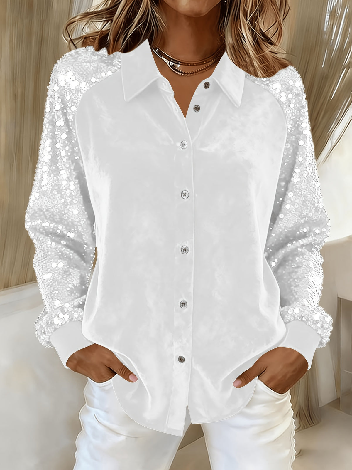 Sequin Sleeve Velvet Top Women Lapel Collar Long Sleeve Patchwork Loose Shirt Chic Solid Color Spring S-XL