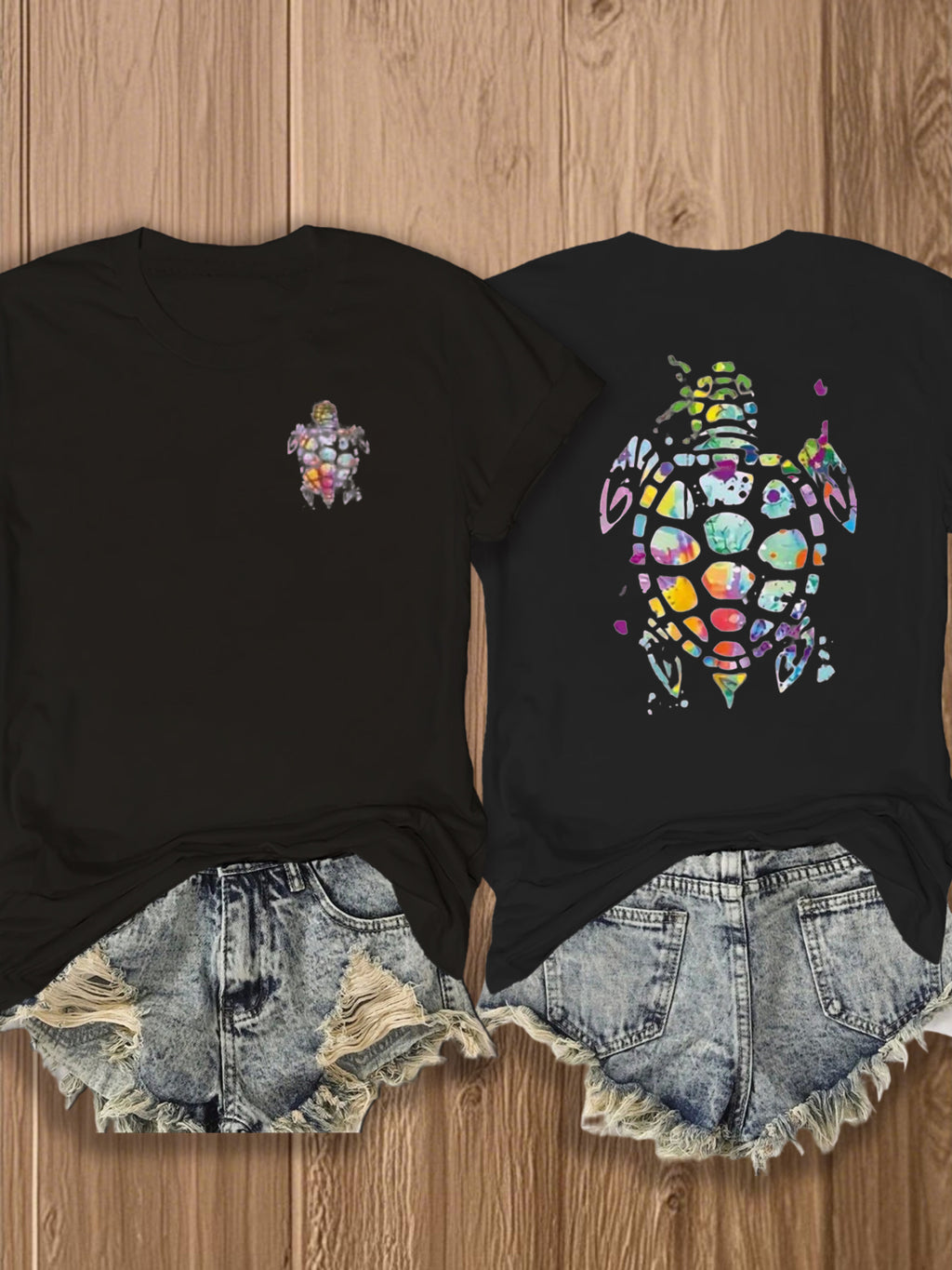 Tribal Turtle Print T-Shirt Women Colorful Artistic Double-Sided Graphic Tee Casual Beach Summer Top Nature Lover Gift S-XXL
