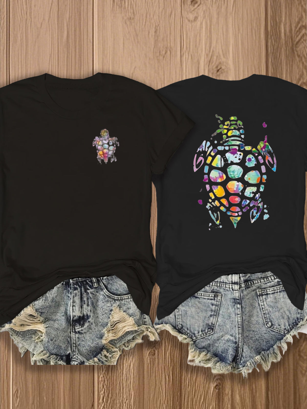 Tribal Turtle Print T-Shirt Women Colorful Artistic Double-Sided Graphic Tee Casual Beach Summer Top Nature Lover Gift S-XXL