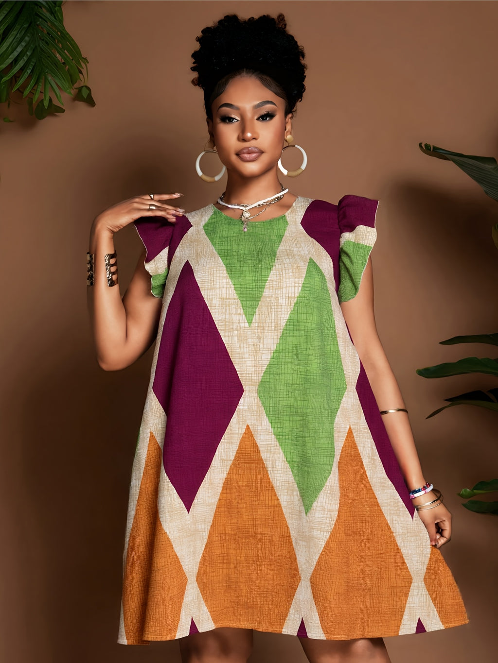 Boho Geometric Print Ruffle Sleeve Sundress Women Round Neck A-Line Button Detail 100% Polyester Vacation Casual Dress S-XXL