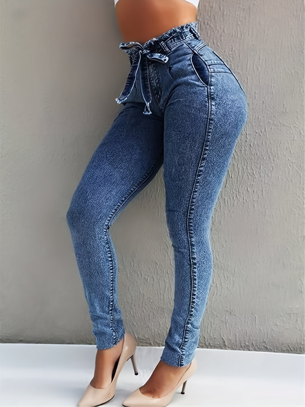 Skinny Jeans Women Mid Rise Butt Lifting Stretch Blue Denim Lace-Up Detail Casual Slim Fit Jeans All Season S-XXL