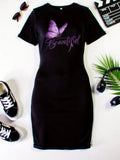 Women's Butterfly Print Short Sleeve T-Shirt Dress with Pockets Knee Length Casual Elegant Loose Fit Spring Summer Fall
