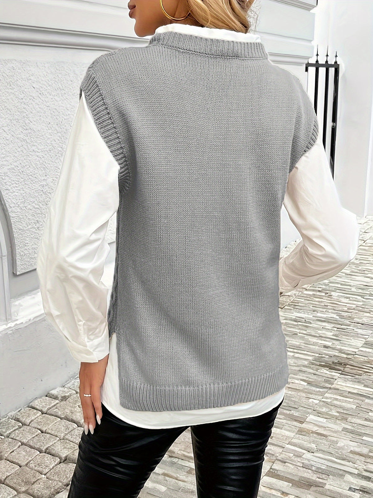 Cable Knit Sweater Vest Women Sleeveless Round Neck Slit Hem Solid Color Layering Top - Casual Semi-Formal Acrylic Knitwear Spring Summer Fall