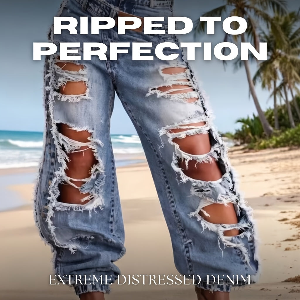 Women's High-Waisted Ripped Jeans Cuffed Hem Street Style Light Blue XL XXL