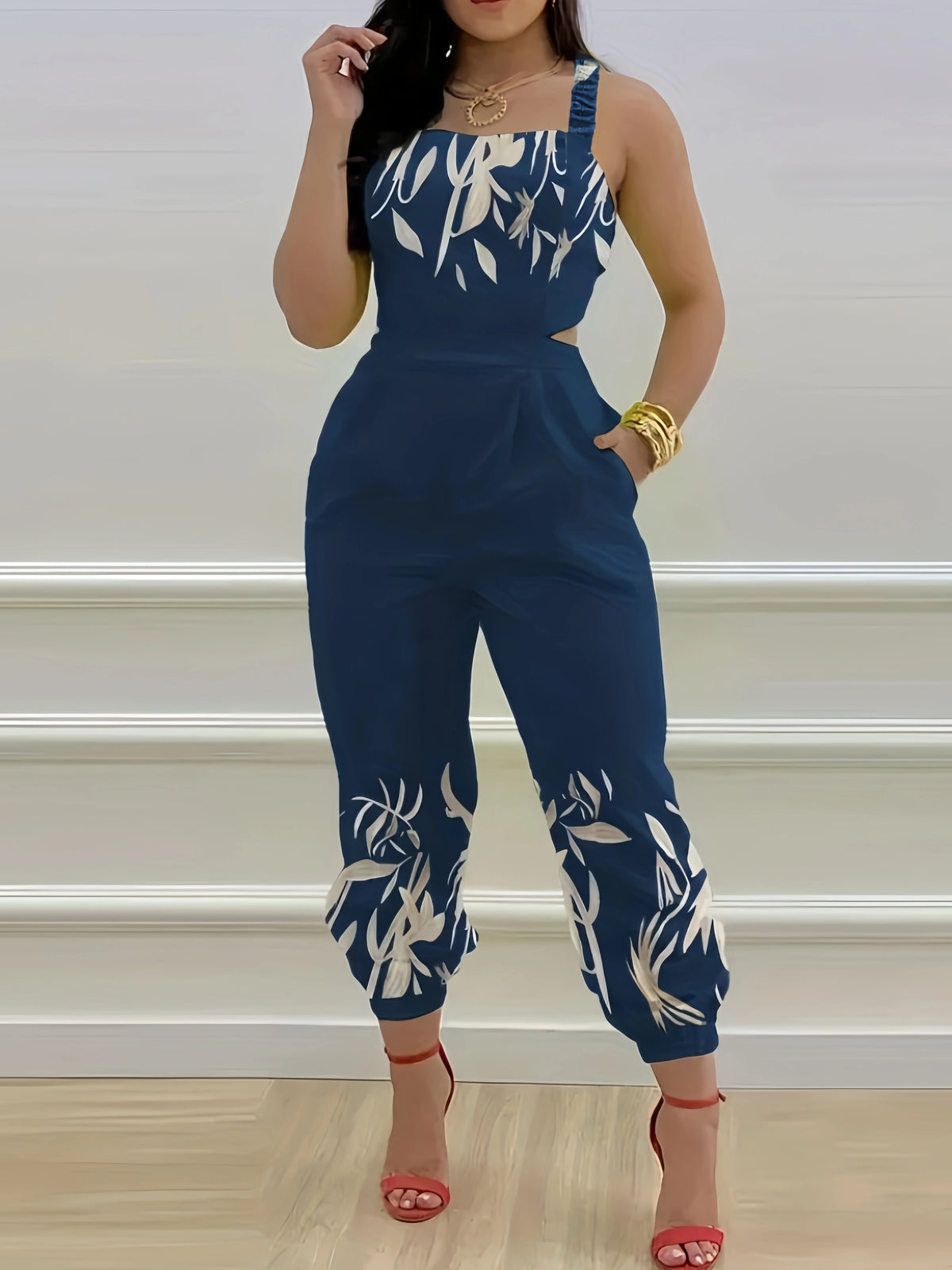 Floral Print Strapless Jumpsuit for Women with Pockets, Off Shoulder Light Blue Orange Summer Casual One Piece, Relaxed Fit Boho Wide Leg Romper for Vacation Beach Outfit