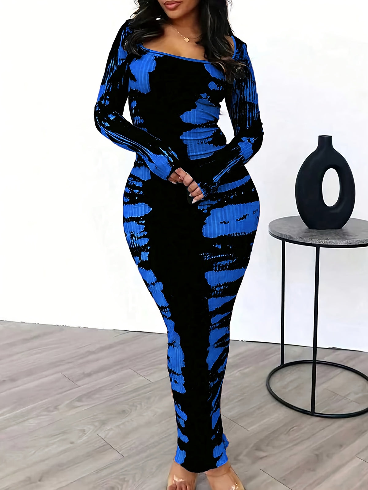 Tie-Dye Bodycon Maxi Dress Women Long Sleeve Ankle Length Contrasting Print Figure-Hugging Sexy Elegant Long Dress
