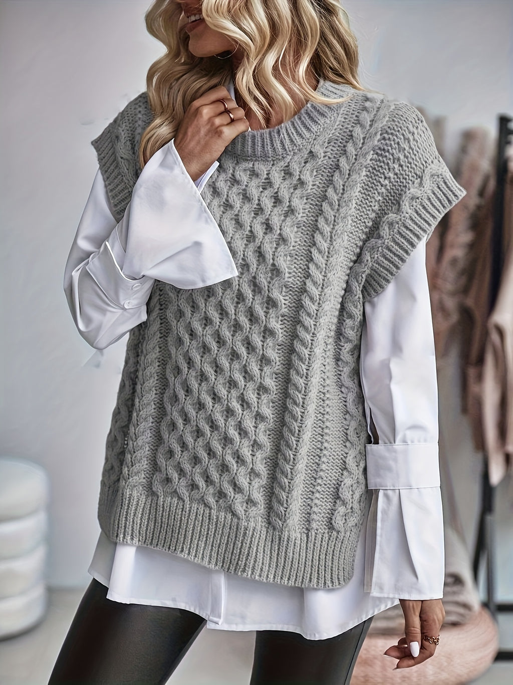 Cable Knit Sweater Vest Women Sleeveless Round Neck Slit Hem Solid Color Layering Top - Casual Semi-Formal Acrylic Knitwear Spring Summer Fall