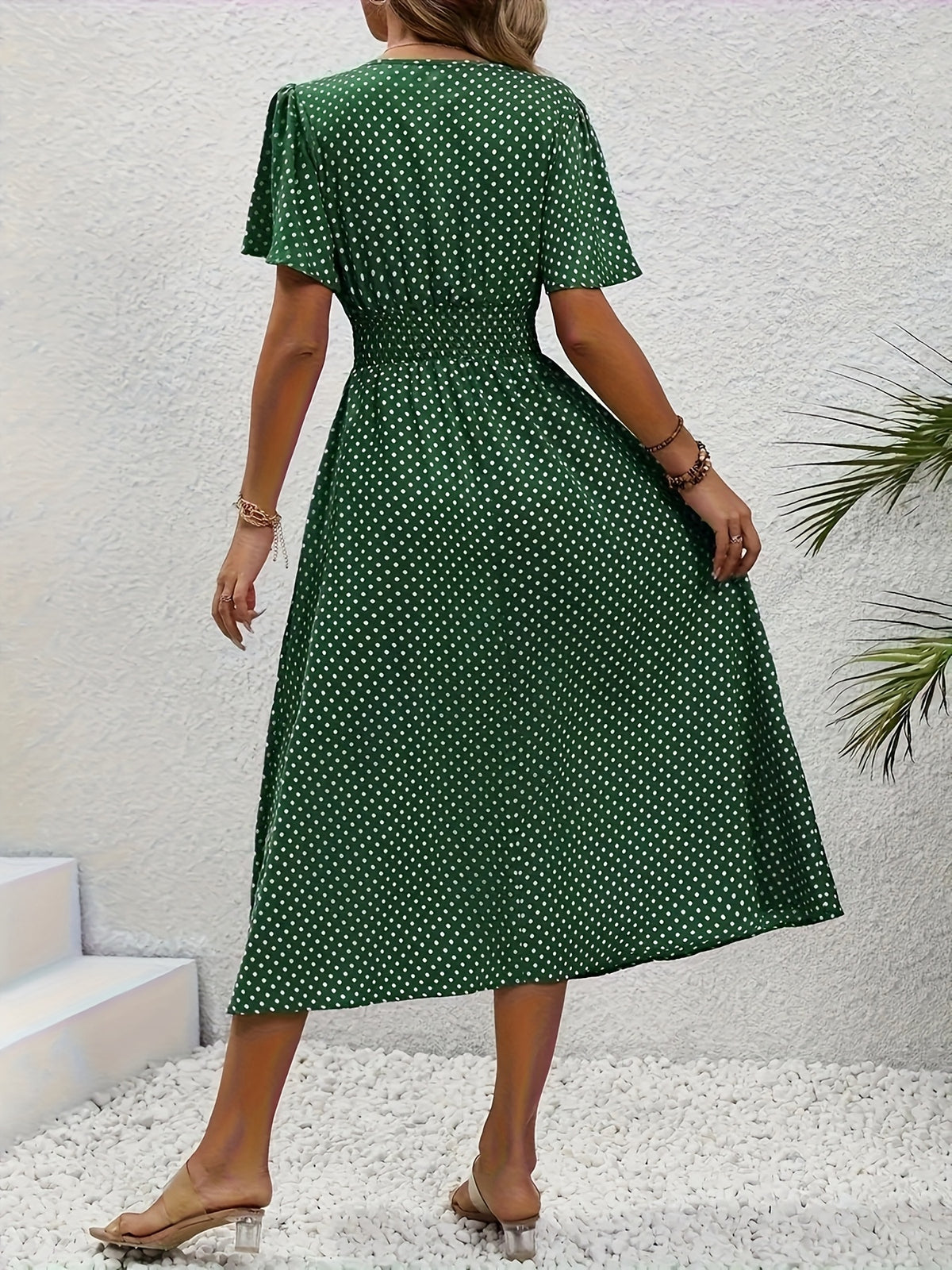 Polka Dot Swing Dress Women V-Neck Ruffled Sleeve Casual Long Dress Waist Enhancing Spring Summer Lightweight Pale Pink Gray Light Blue Green S-XXL