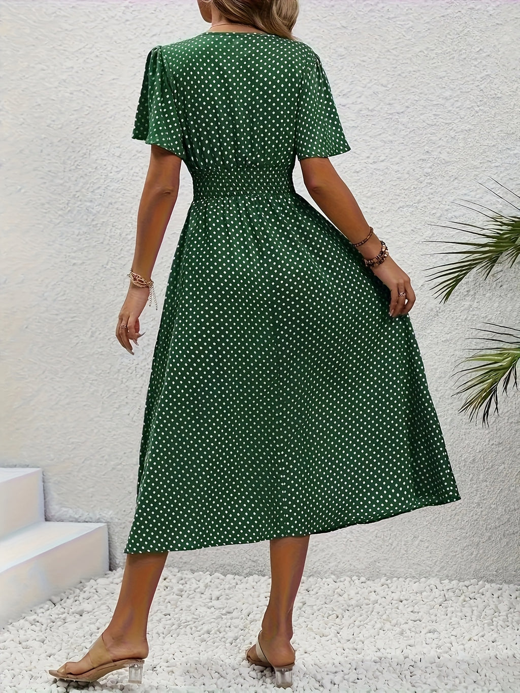 Polka Dot Swing Dress Women V-Neck Ruffled Sleeve Casual Long Dress Waist Enhancing Spring Summer Lightweight Pale Pink Gray Light Blue Green S-XXL
