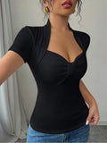 Sweetheart Neck Ruched Front T-Shirt Women Short Sleeve Slim Fit Stretch Tee Solid Color Fitted Casual Top Daily Work Travel Streetwear S-XXL