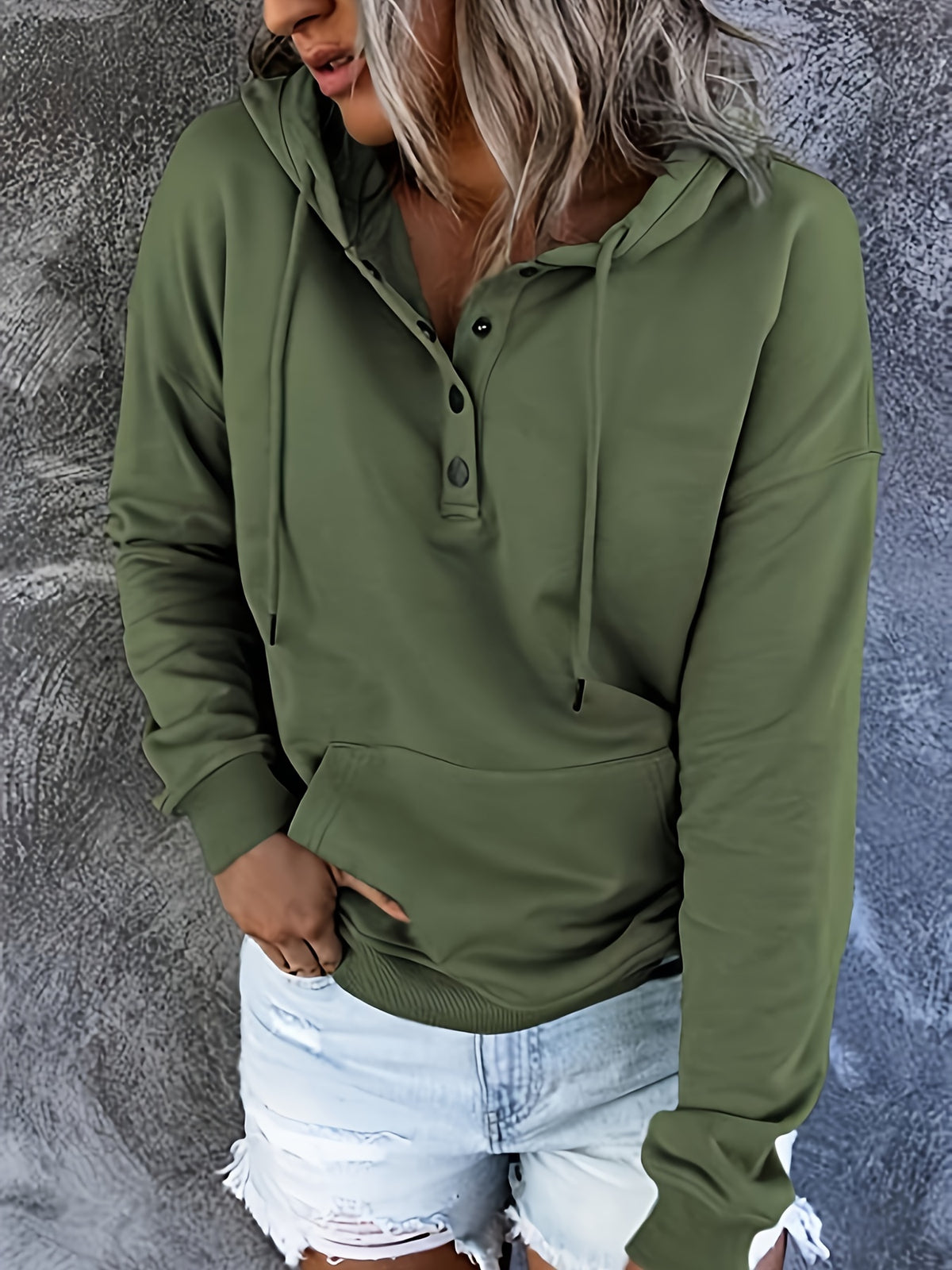 Women Oversized Button Hoodie Sweatshirt Long Sleeve Kangaroo Pocket Ribbed Cuff Casual Pullover Black Grey Burgundy Apricot S-XXL