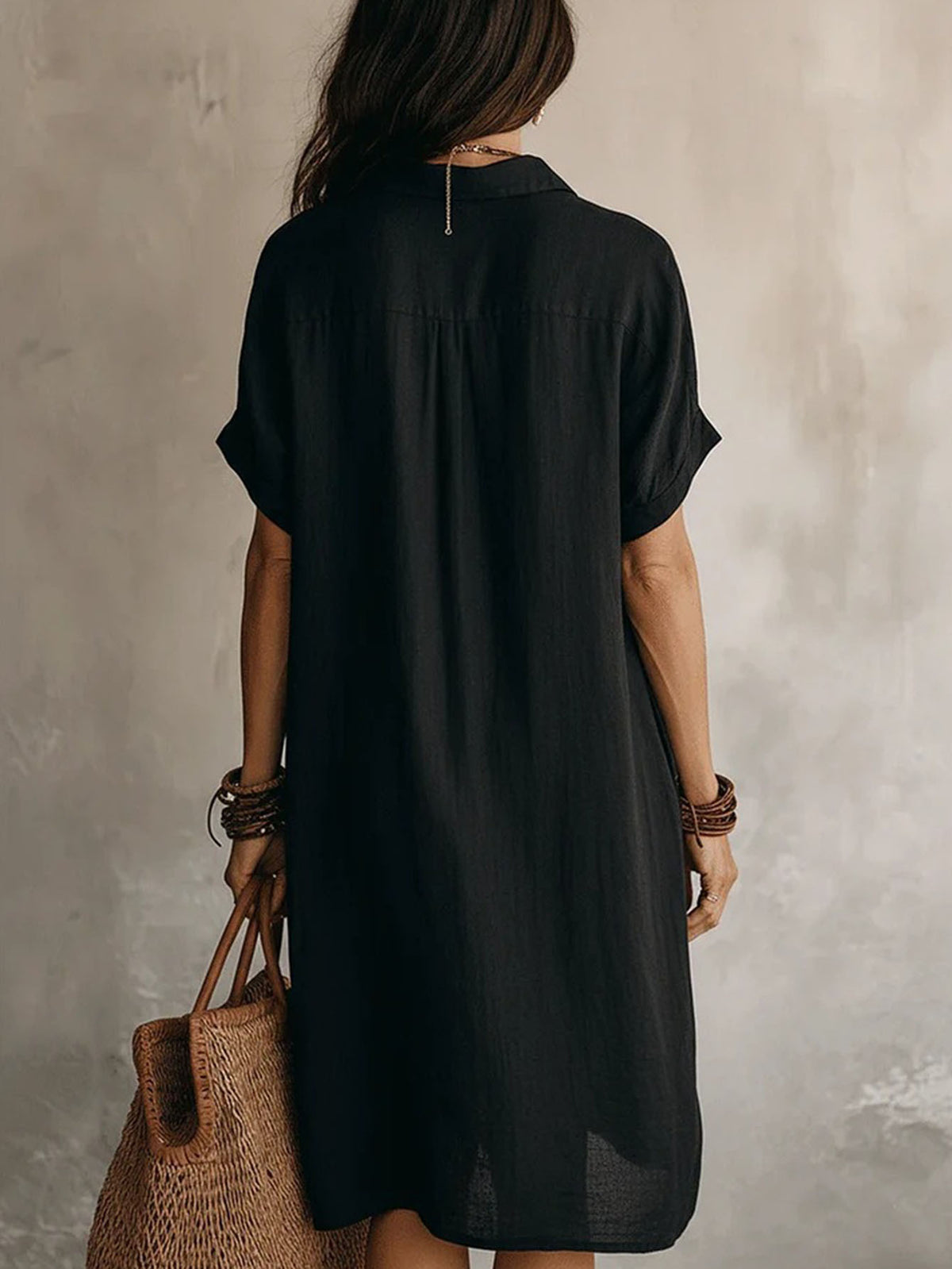 Solid Color Shirt Dress Women Short Sleeve Buttoned Lapel Collar Midi Length Casual Semi-Formal Versatile Dress for Women