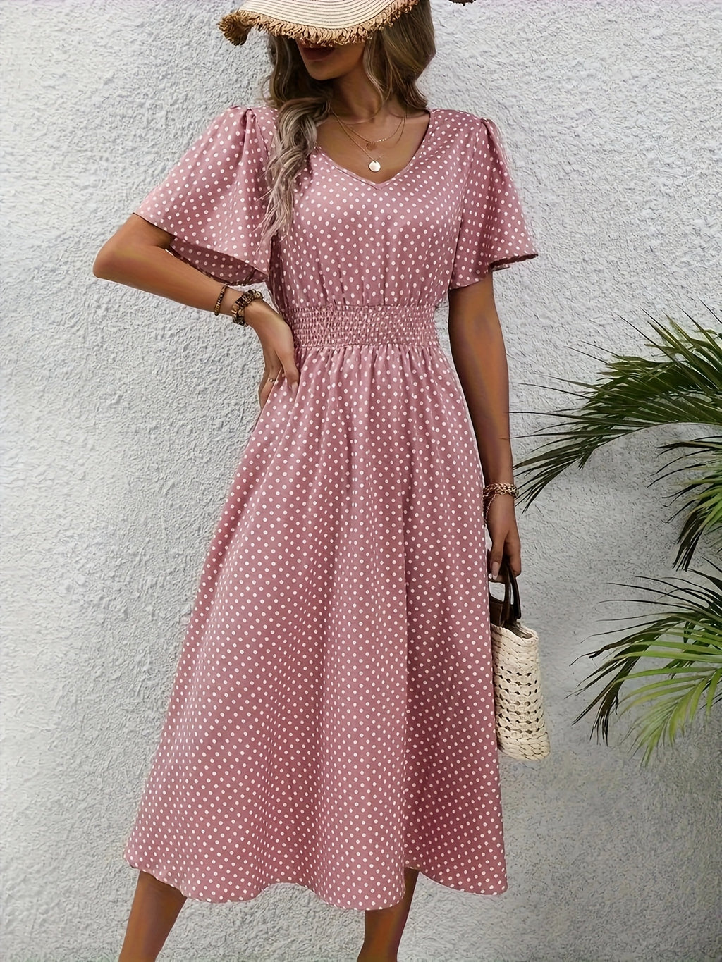 Polka Dot Swing Dress Women V-Neck Ruffled Sleeve Casual Long Dress Waist Enhancing Spring Summer Lightweight Pale Pink Gray Light Blue Green S-XXL