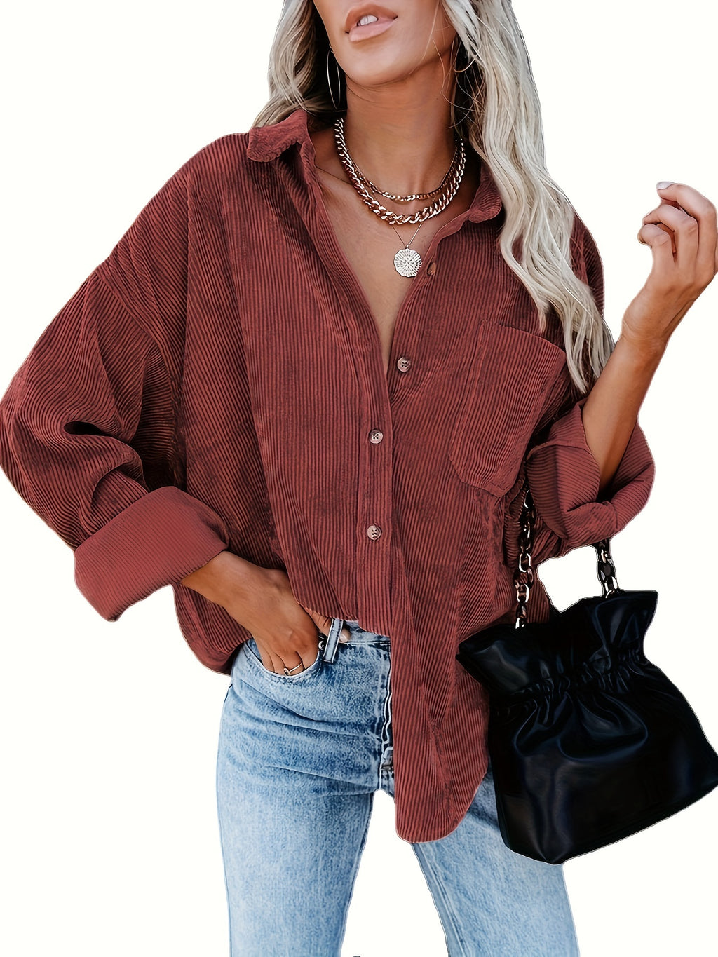 Women's Corduroy Oversized Shacket Long Sleeve Button Up V-Neck Shirt Jacket Loose Blouse with Pockets Fall Winter