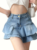 Ruffled Denim Mini Skirt Women High Waist Y2K Flared Skater Casual Cute Jean Skirt Spring Summer Versatile Fashion
