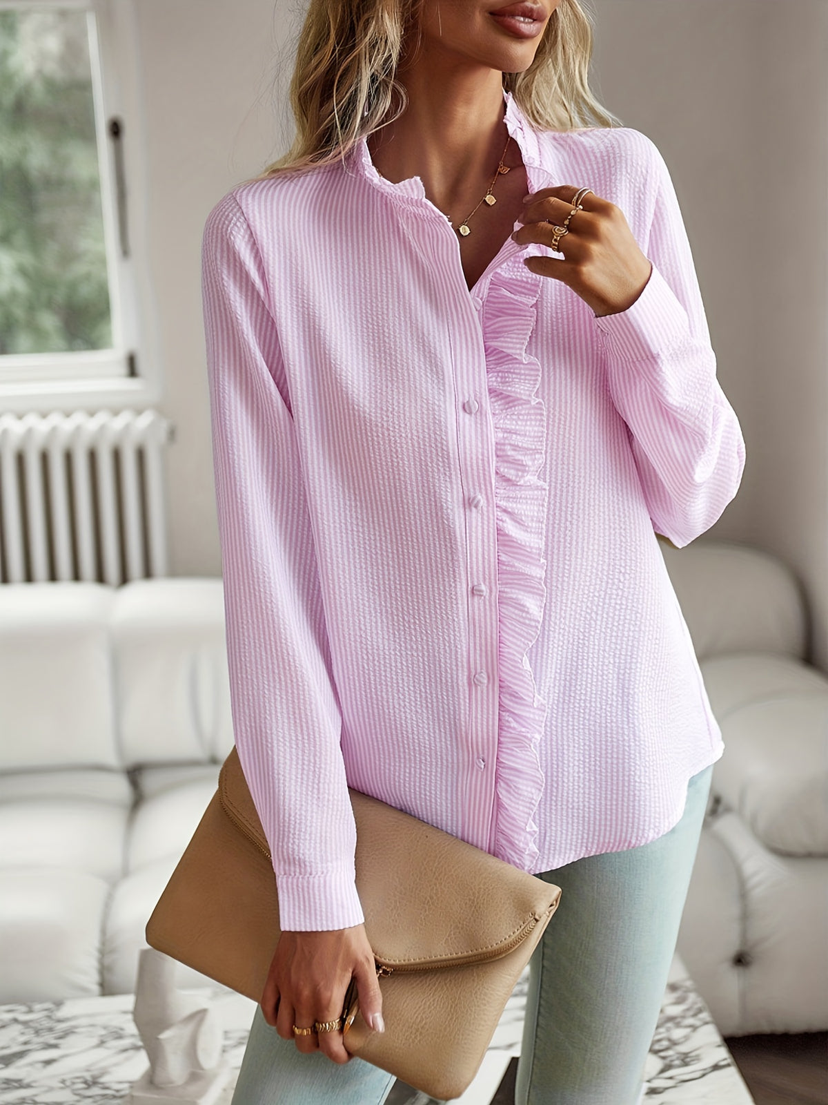 Women's Ruffle Button Lace Long Sleeve Blouse Shirt Collar Solid Color Machine Washable All Season Casual Formal Top
