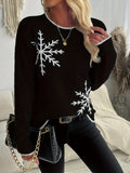 Women Snowflake Print Christmas Sweater Long Sleeve Contrast Trim Holiday Knit Pullover Festive Winter Top for Christmas Parties Ugly Sweater Season