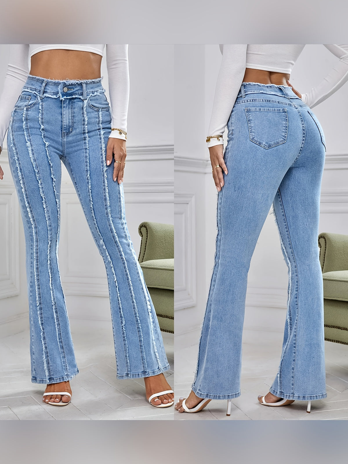 High Waist Stretch Bell Bottom Jeans Women Fringe Flare Denim Pants Outdoor All Season Light Blue Ginger XS-XL