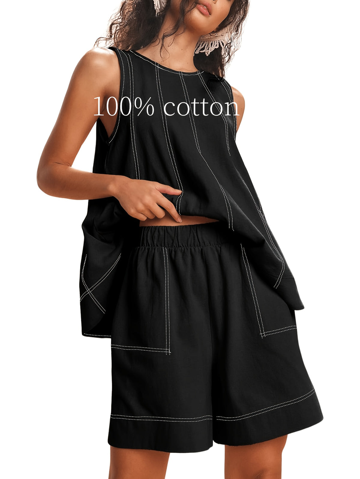 Women's 2-Piece Matching Set Sleeveless Tank Top & High Waist Shorts with Pockets Contrast Stitching