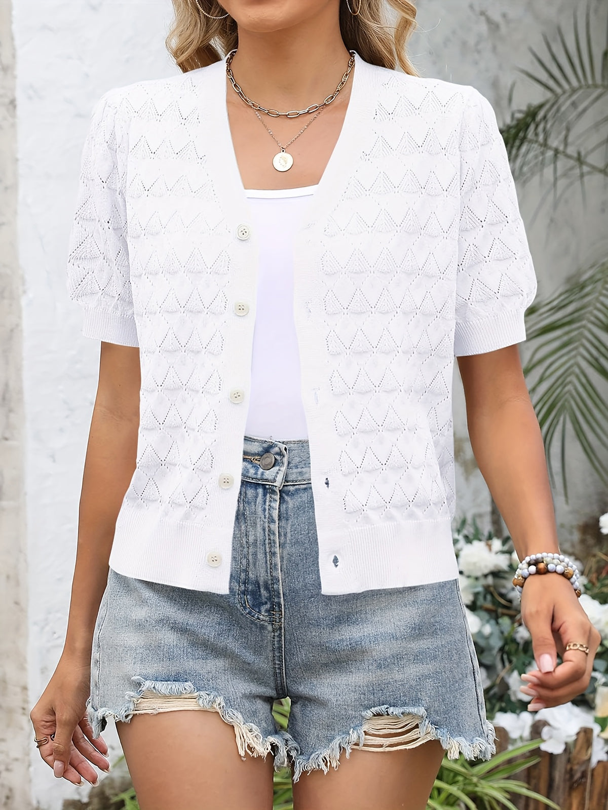 Women's Cropped Crochet Cardigan Puff Sleeve Linen Blend Sheer Lace Knit Short Top Breathable Lightweight Spring Summer Boho Fashion