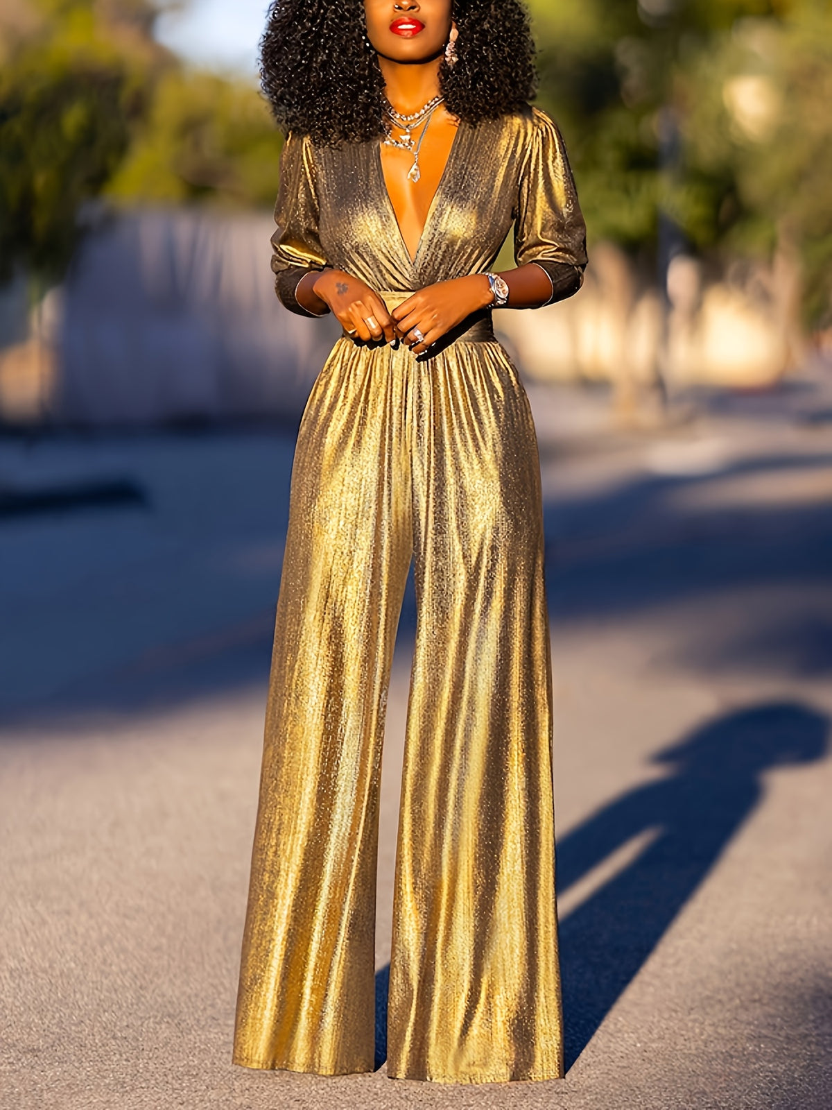 Shiny Wide Leg Jumpsuit for Women Elegant Deep V Neck High Waist Palazzo Pants Jumpsuit Three Quarter Sleeve Formal Party Evening Wedding Outfit Solid Color