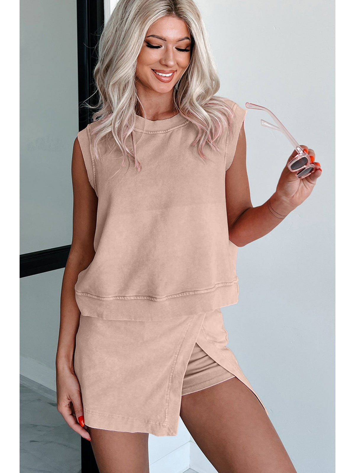 Solid Color 2-Piece Set Women Short Sleeve T-Shirt and Pants Casual Summer Matching Outfit