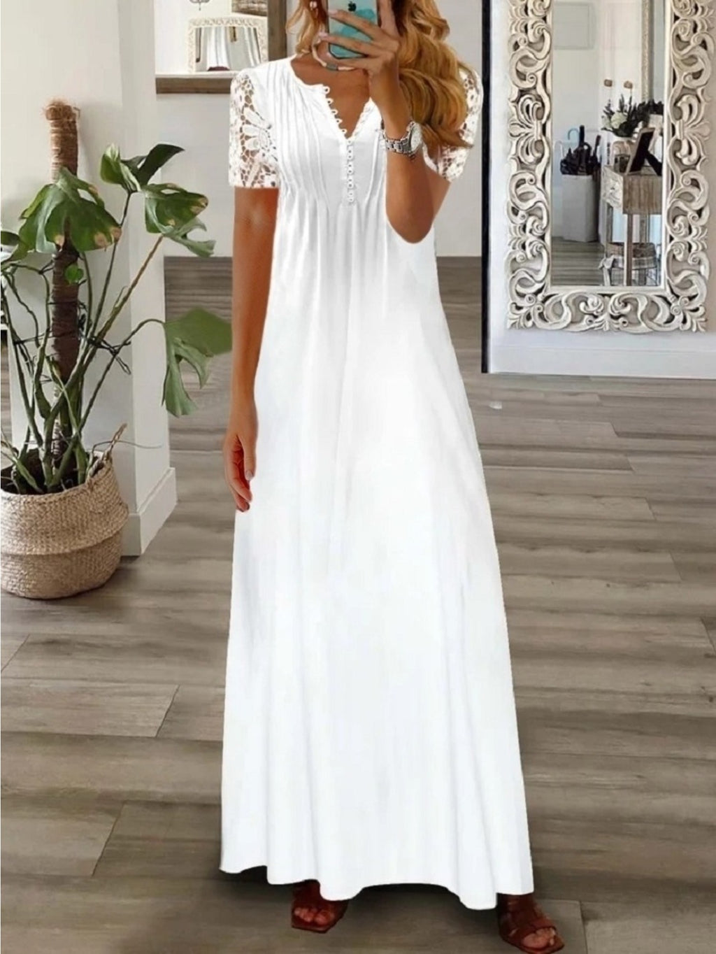Women's Bohemian White Lace Long Dress V-Neck Long Sleeve High Waist A-Line Flowing Hem Romantic Date Beach Dress
