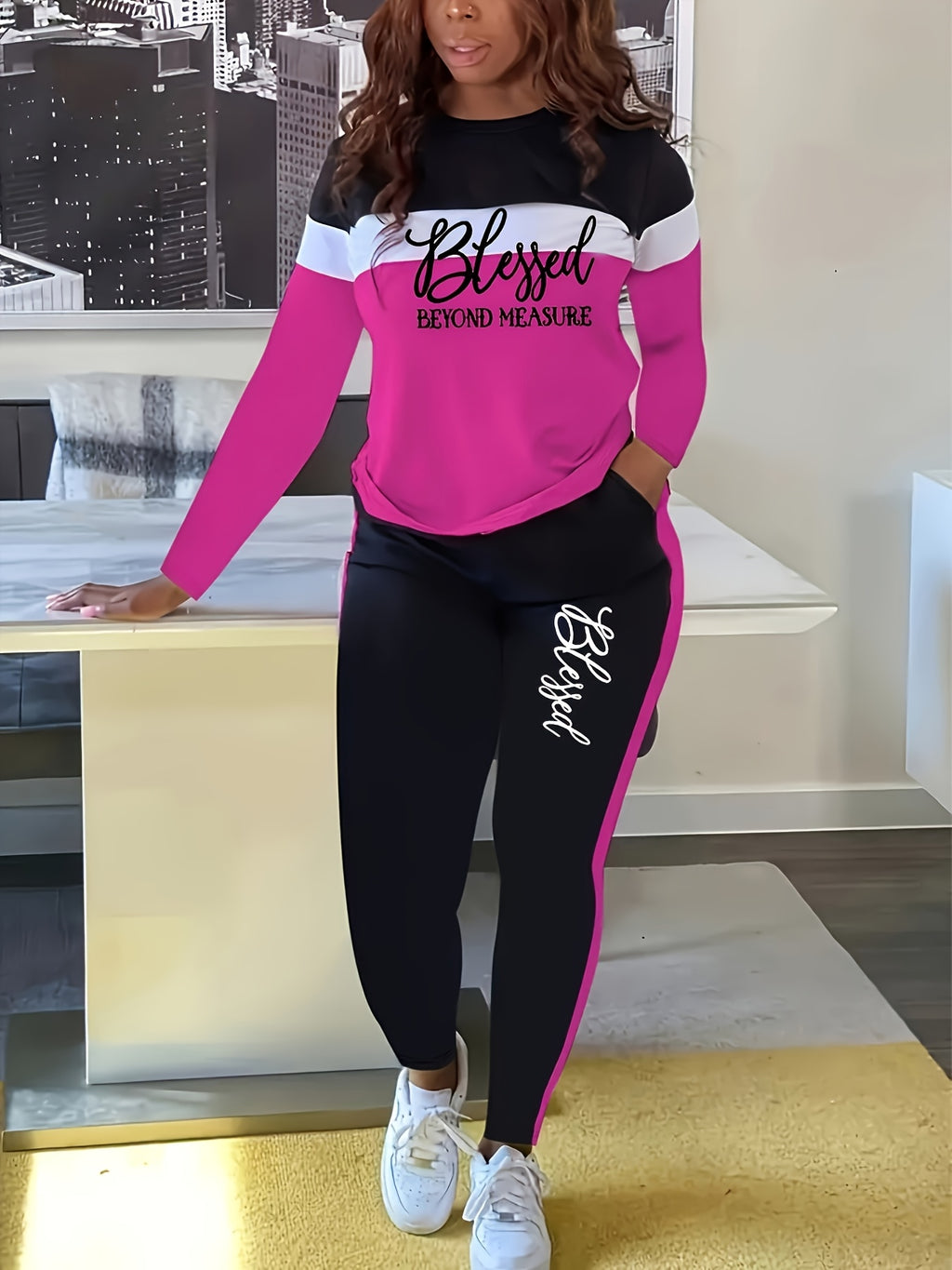 Women's Blessing Print 2pcs Set Contrast Color Crew Neck Long Sleeve Top Pants Suit Casual Outfit S-XXL