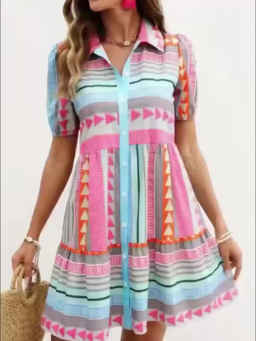 Geometric Print Shirt Dress Women Summer Button Down A-Line Mini Dress Casual Vacation Colorblock Short Sleeve
