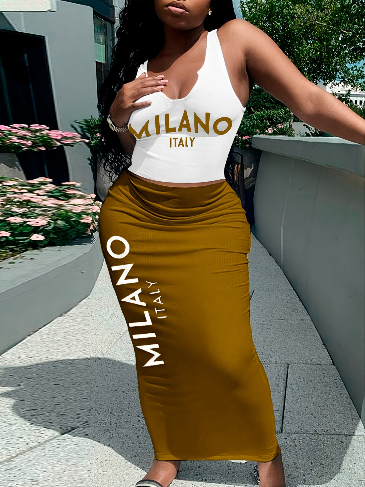 Letter Print 2 Piece Dress Set Women Sleeveless Deep V Neck Sexy Casual Streetwear Summer Party Outfit - Soft Stretch Spring Festival Travel