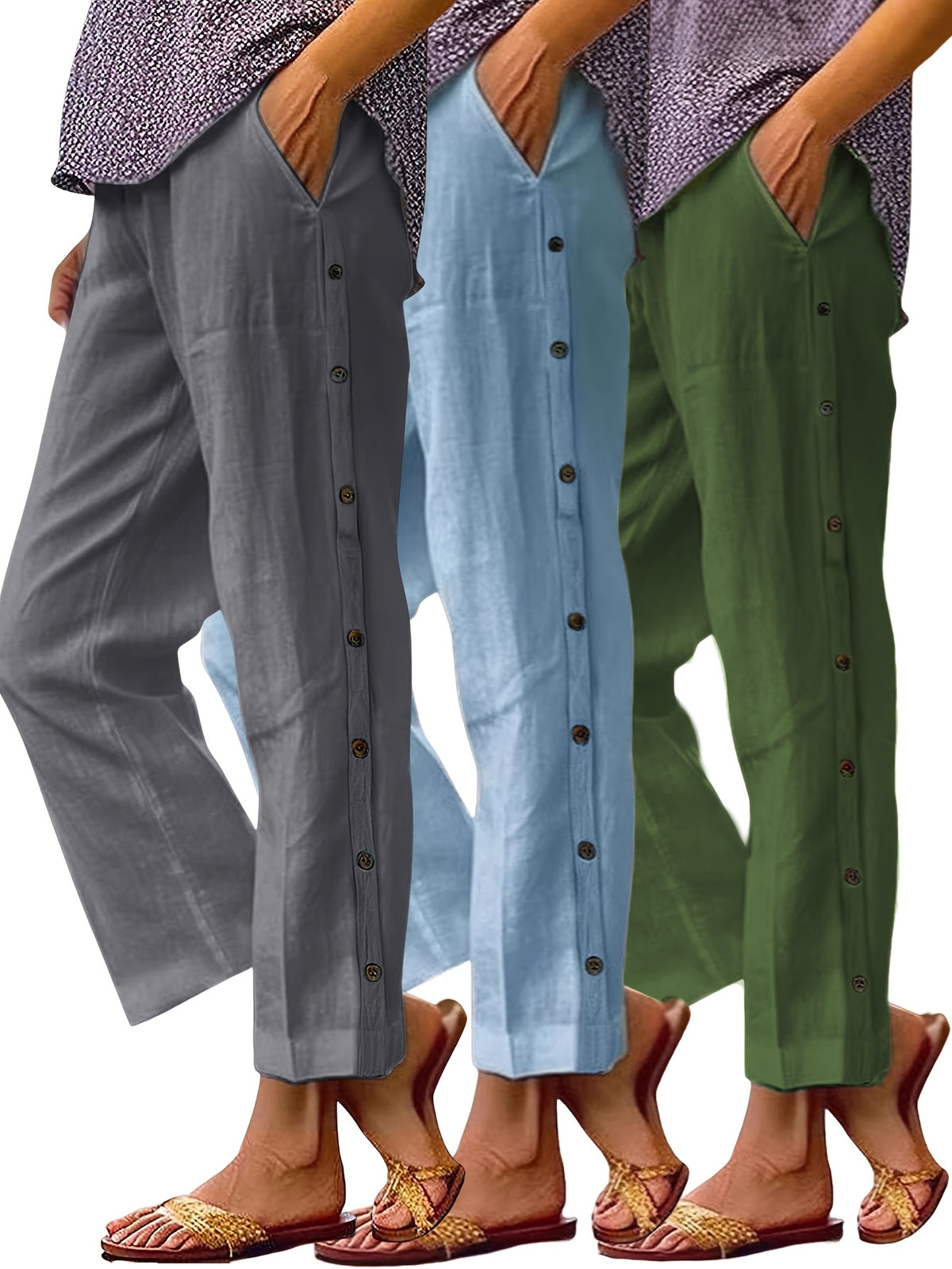 High Waist Straight Leg Cropped Pants Women Loose Casual 3pcs Set Multi-Color S-XXL