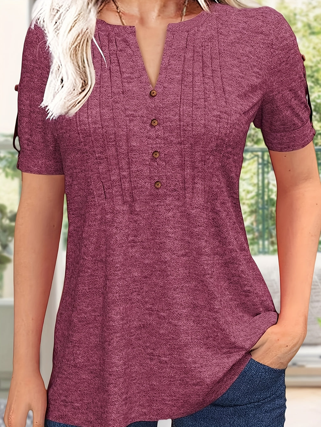 Button Front V-Neck Top Women Pleated Detail Short Sleeve Solid Color Casual Summer Blouse Lightweight Breathable Machine Washable