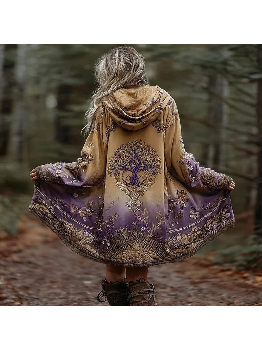 Bohemian Tree of Life Gradient Cardigan Women Hooded Oversized Printed Coat Boho Forest Vacation Photoshoot S-XXL