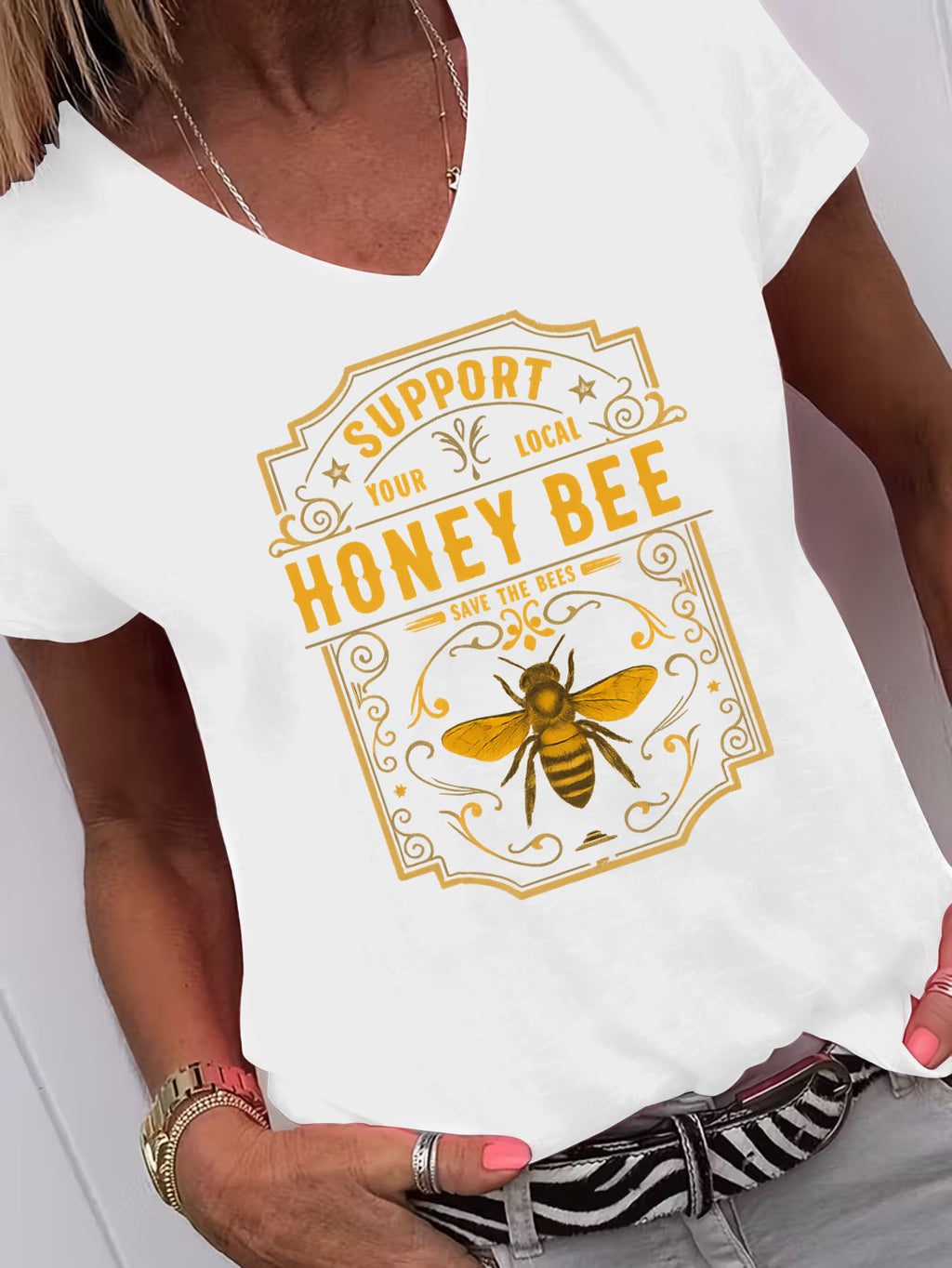 Women's Graphic V-Neck Tee Support Local Honey Bee Save The Bees Short Sleeve Top Loose Fit Casual T-Shirt Multi Color
