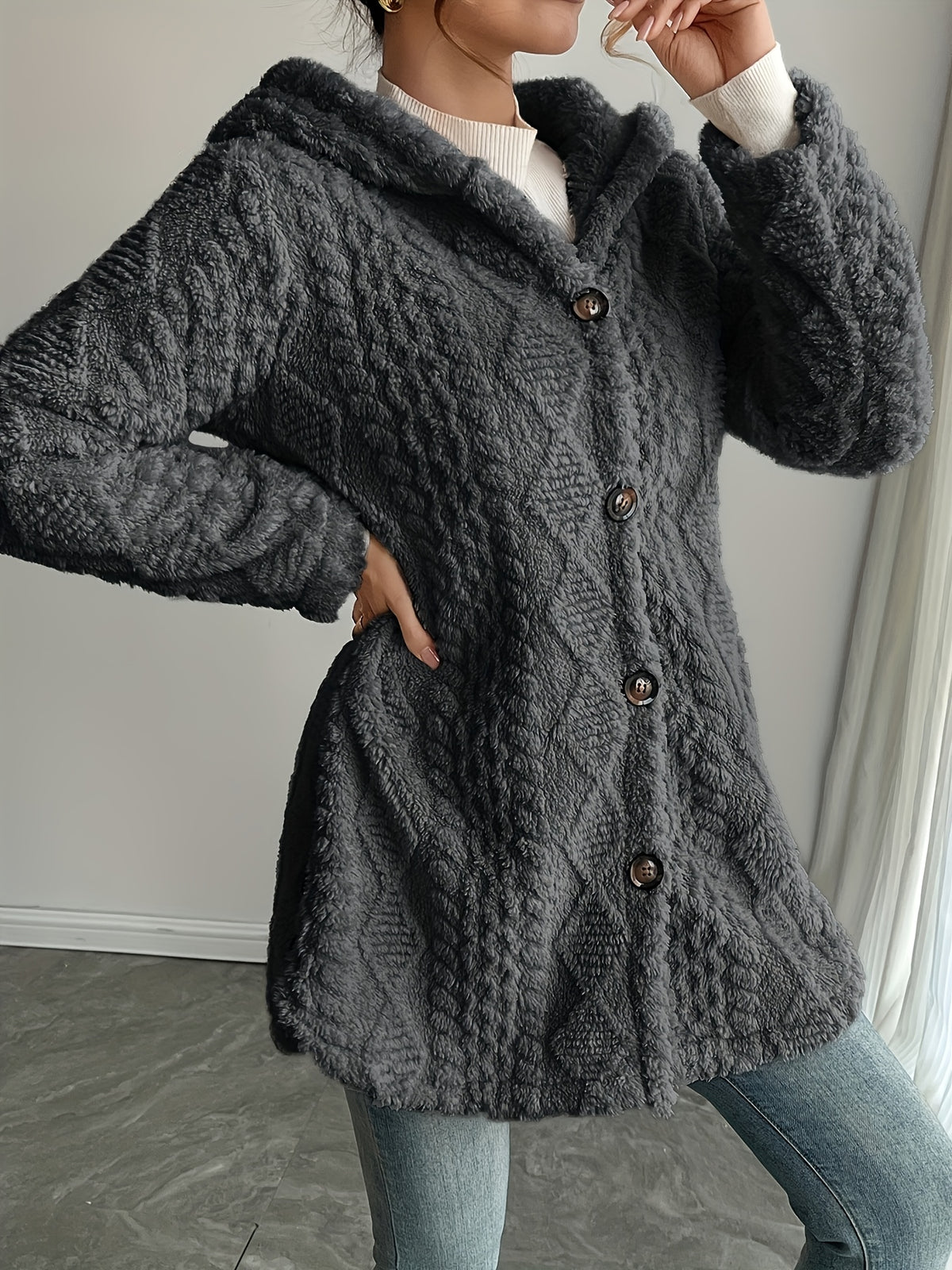 Hooded Fuzzy Coat Women Mid-Length Jacket with Buttons Soft Warm Fleece Fall Winter Outerwear 5 Colors S-XXL