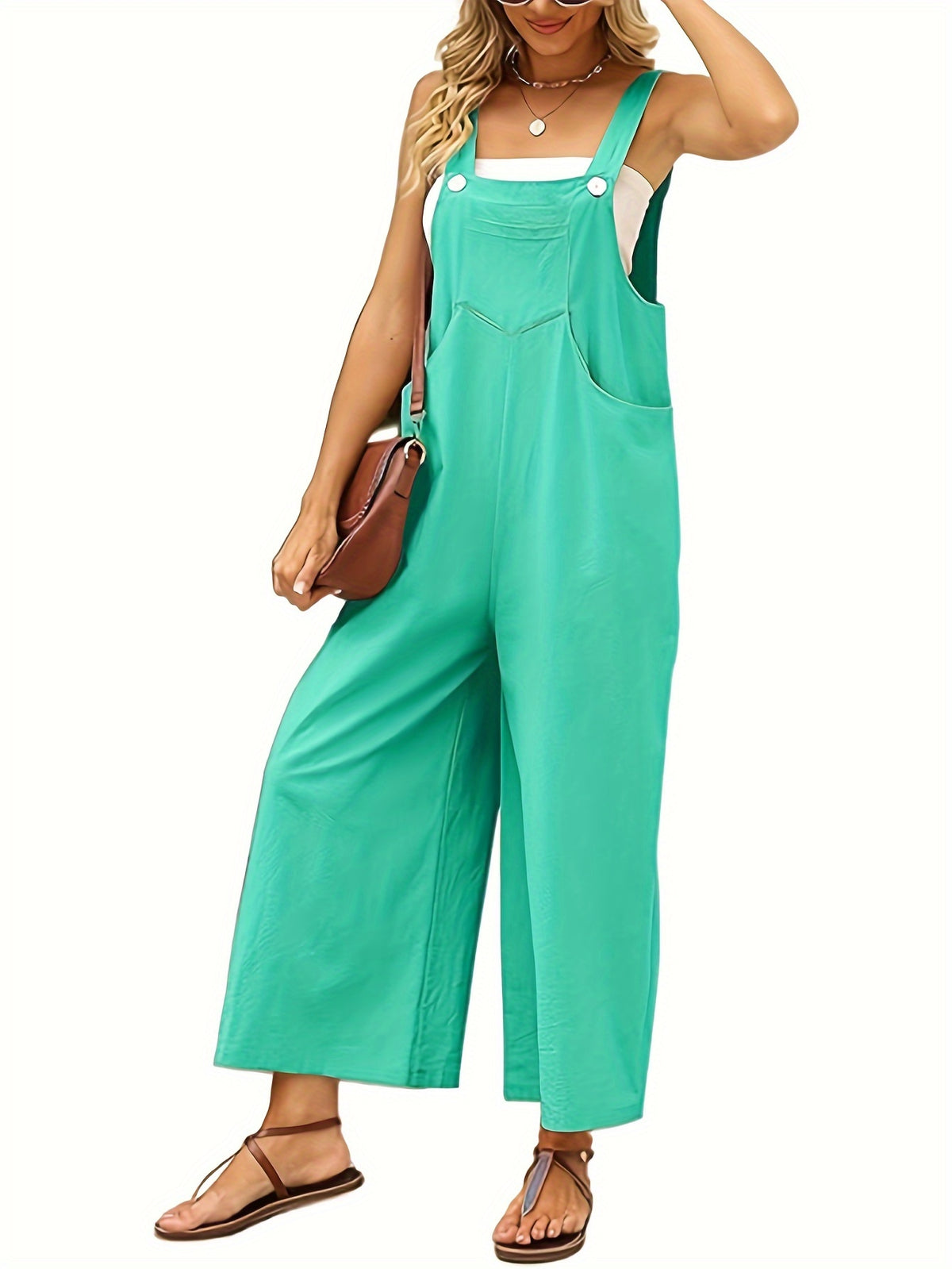Women's Cotton Linen Wide Leg Jumpsuit Overalls Adjustable Strap Square Neck Zipper Romper Pants Casual S-XL