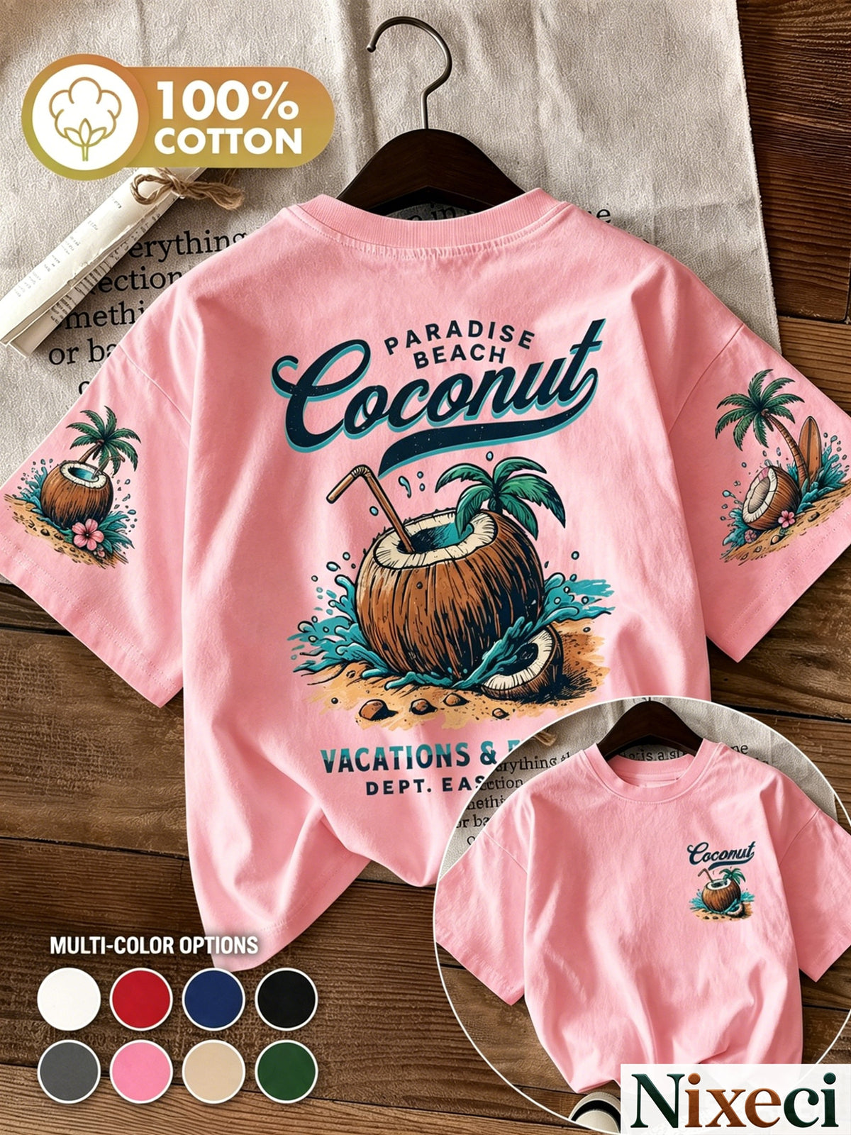 Tropical Palm Print T-Shirt for Women – Retro Hawaiian Coconut Tree Short Sleeve Crewneck Loose Beach Vacation Top, Casual Surfing Poolside Shirt