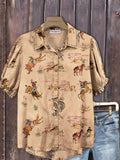 Western Cowboy Print Puff Sleeve Blouse Women Collared Apricot Casual Vintage Short Sleeve Shirt Fall Thanksgiving S-XL