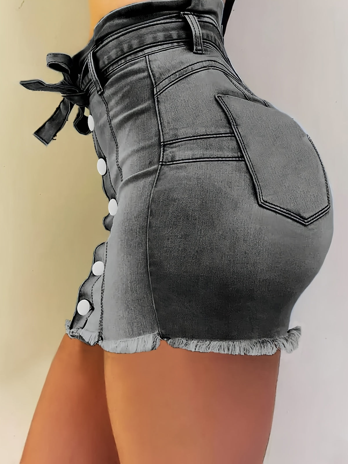 Bodycon Denim Mini Skirt Women Waist Tie Frayed Hem Stretch Solid Color Button Summer Daily Wear Tight Hip Jean Skirt