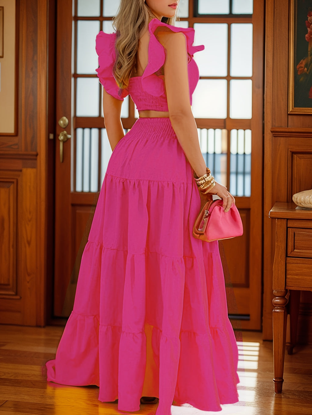 Off Shoulder Ruffle Top and Maxi Skirt 2 Piece Set for Women – Lettuce Trim Sleeveless Fashion Outfit, Spring Summer, Sizes S-XXL