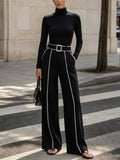 Turtleneck Wide-Leg Pants Two-Piece Set Women Elegant Minimalist Business Co-Ord | Slim Long Sleeve Top + Contrast Stripe Pants for Fall Winter Office Work