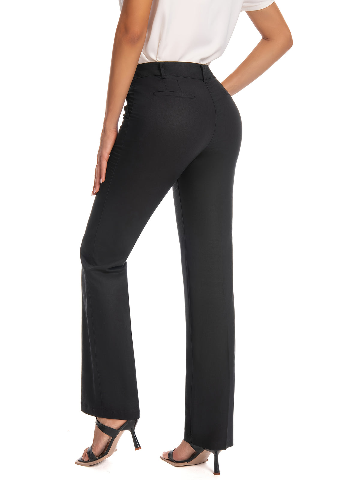 Black High Waist Straight Leg Pants for Women – Stretch Work Trousers with Pockets, Zipper Fly, Cropped Office Casual Travel Daily Wear, Polished Slim Silhouette All Season