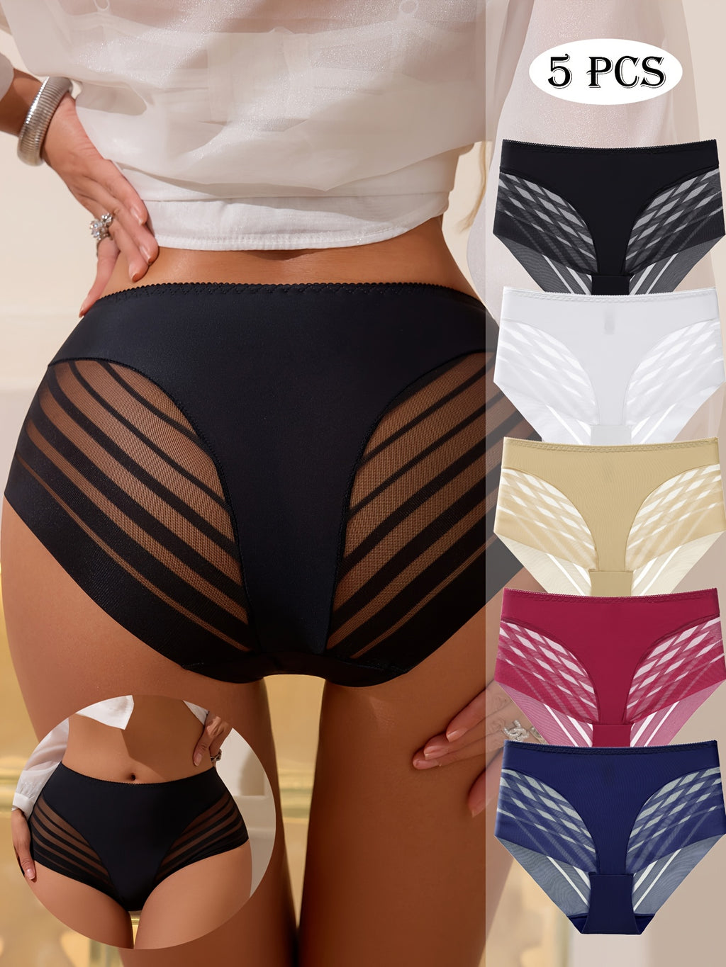 Lace Panties 5 Pack Women Mid Waist Hip Lift Breathable No Trace Comfortable Striped Triangle Underwear Sexy Ladies Lingerie