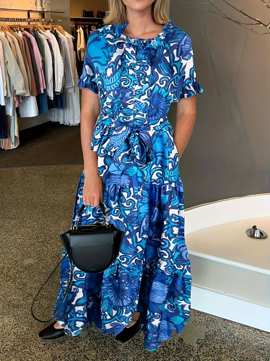 Floral Print Maxi Dress Women V-Neck Ruffle Chest Belted Waist Tiered Skirt with Pockets | Blue Yellow Short Sleeve Summer Dress