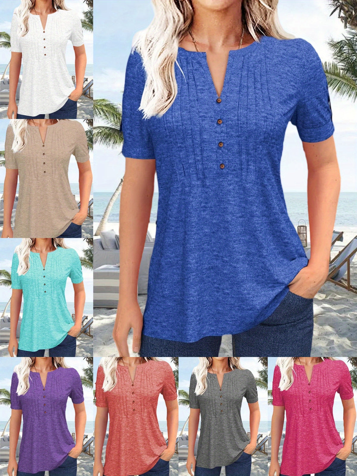 V-Neck Pleated Blouse Women Short Sleeve Button-Up Solid Color Summer Casual Flowy Top S-XL