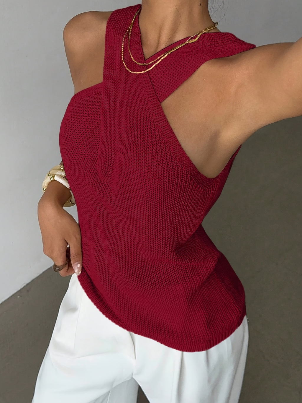 Crossover V-Neck Sleeveless Sweater Top Women Casual Summer Knit Vest Niche Design Chic Lightweight Top
