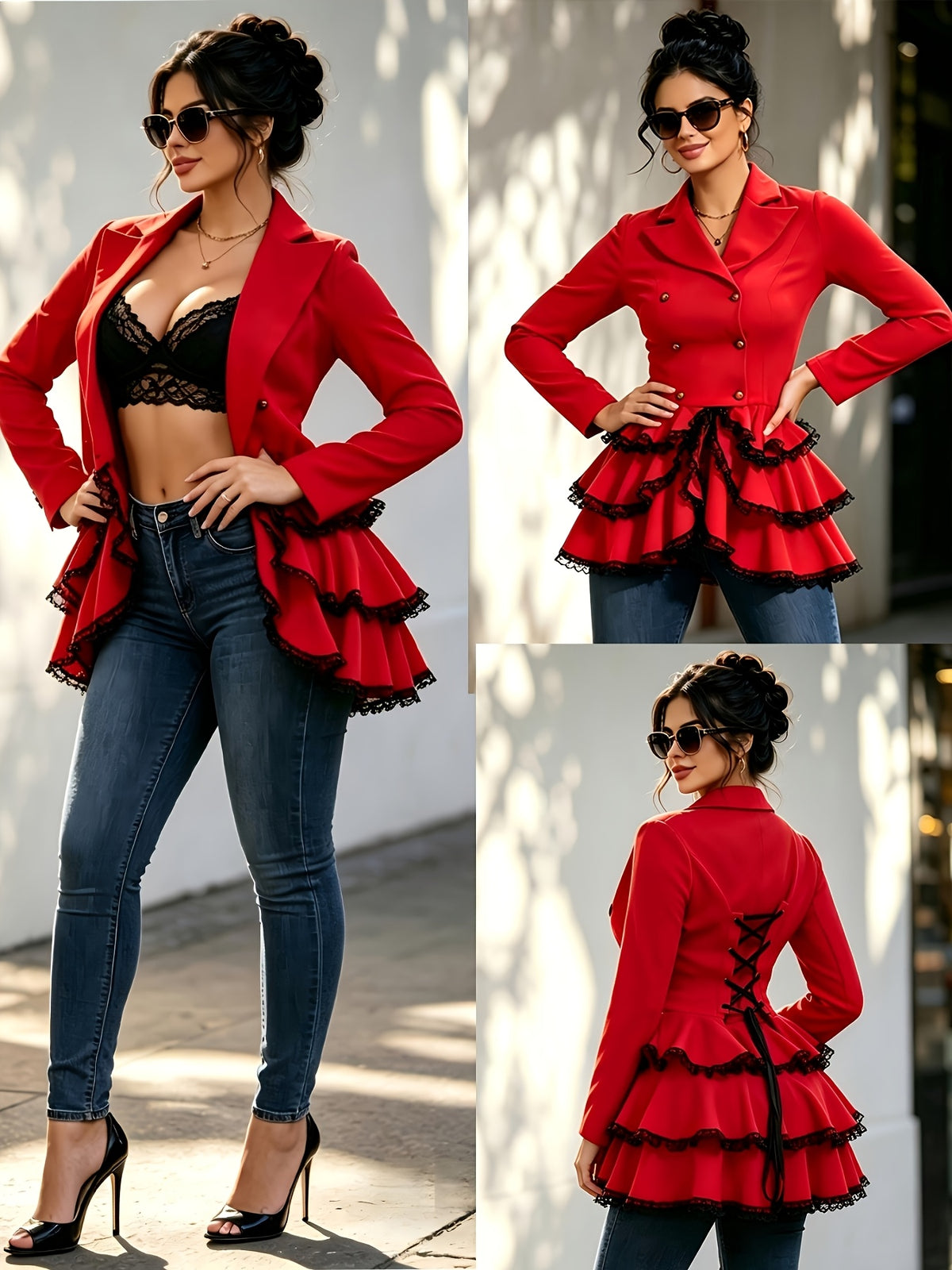 Women's Vintage Gothic Double-Breasted Blazer Jacket Lace Ruffle Hem Corset Back Steampunk Statement Coat for Women Spring Fall