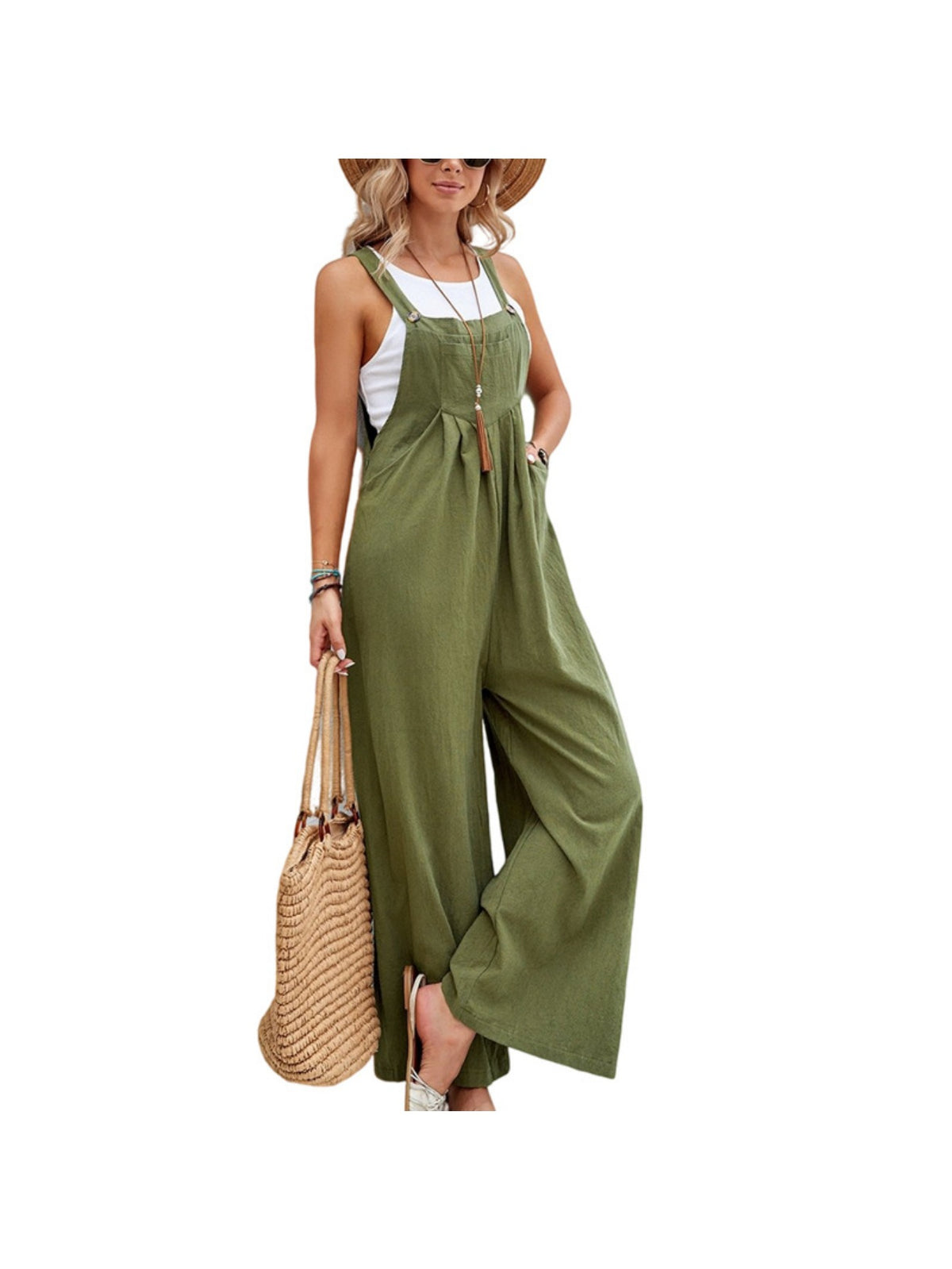 Retro Wide Leg Jumpsuit Women Mid Rise Solid Color Boho Chic Overalls Casual Daily Wear Spring Summer Fall One Piece