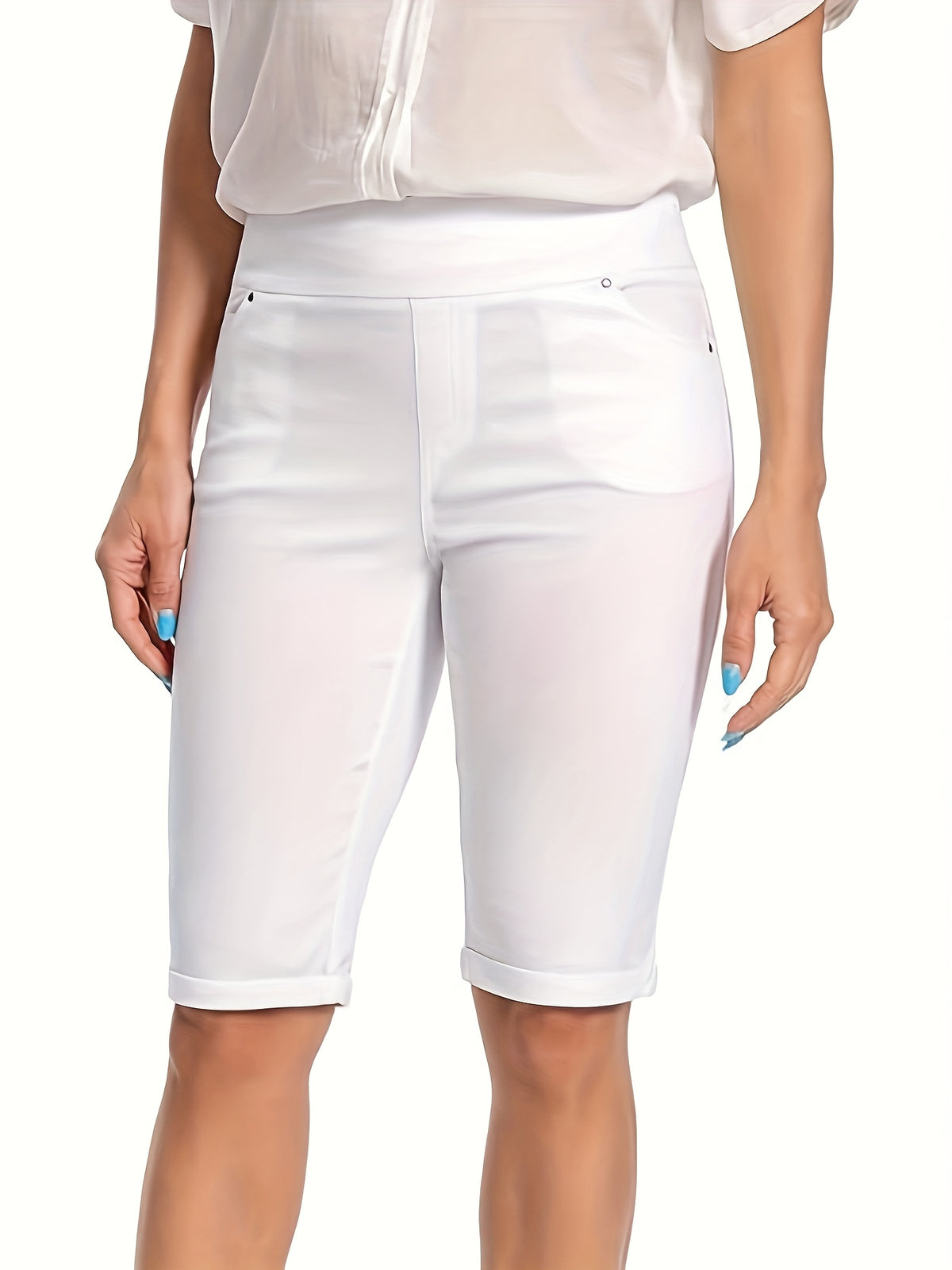 High Waist Bermuda Shorts Women Stretchy Pull On 5 Pockets Cuffed Hem Non See Through Machine Washable Office Casual All Season XS-XXL